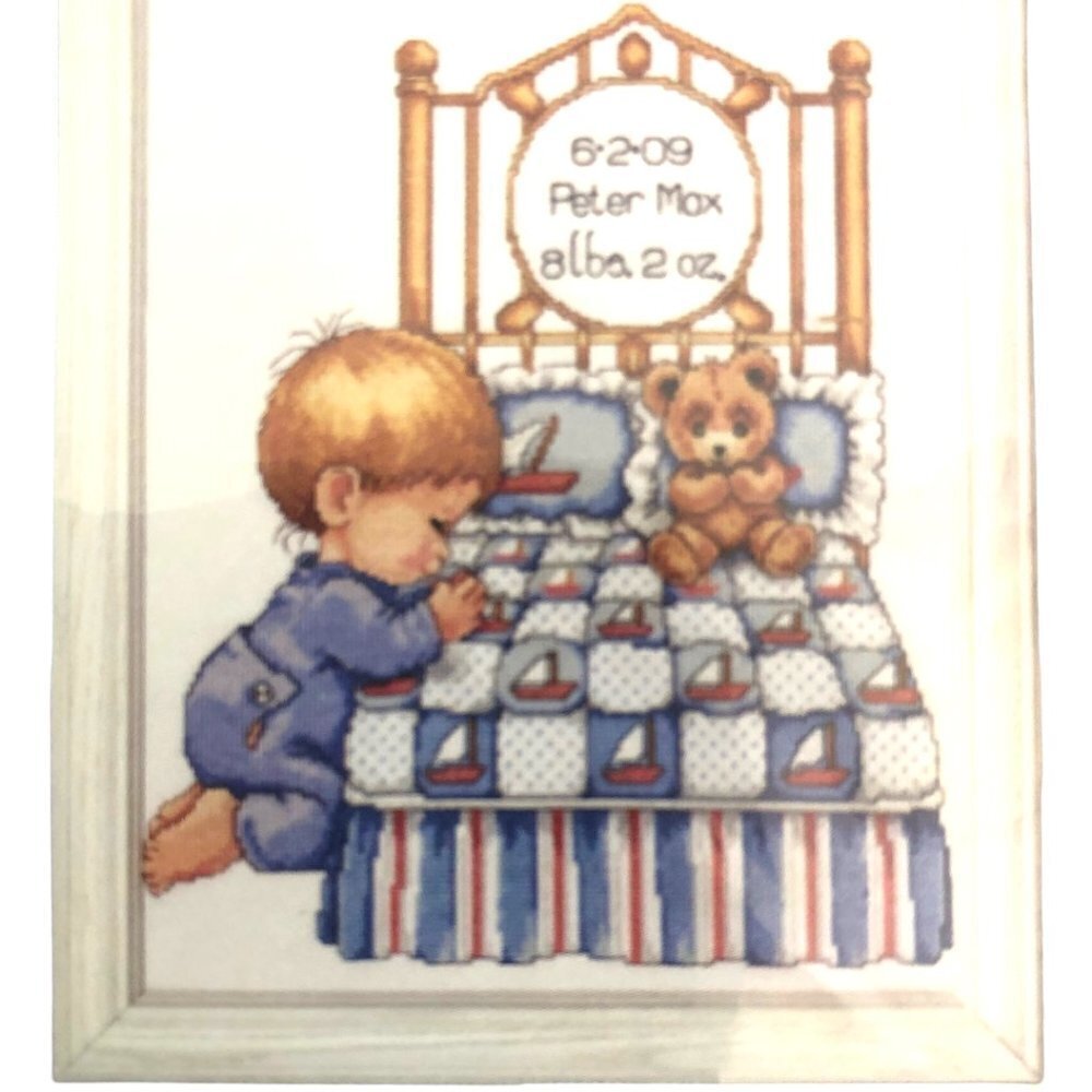 Counted Cross Stitch Kit Tobin Baby Praying Boy Bear Personalize Birth Record